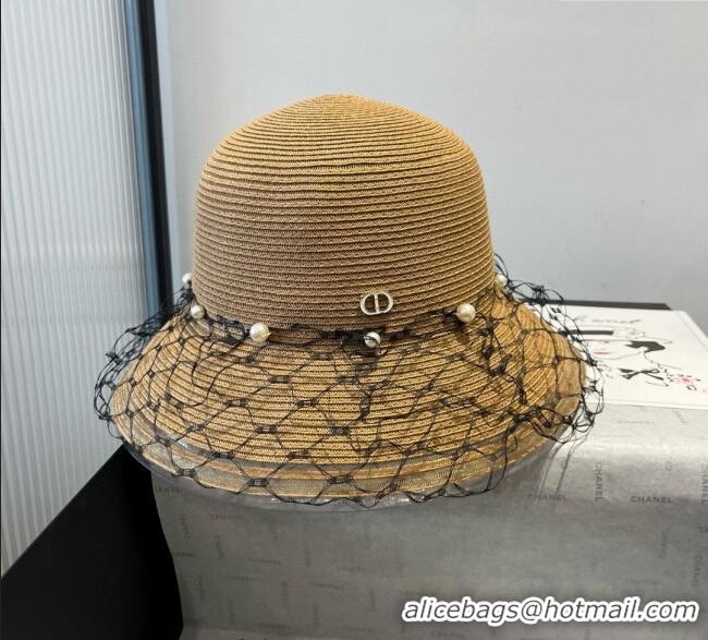 Grade Quality Dior Straw Bucket Hat with Pearls Mesh 4081 Khaki 2025