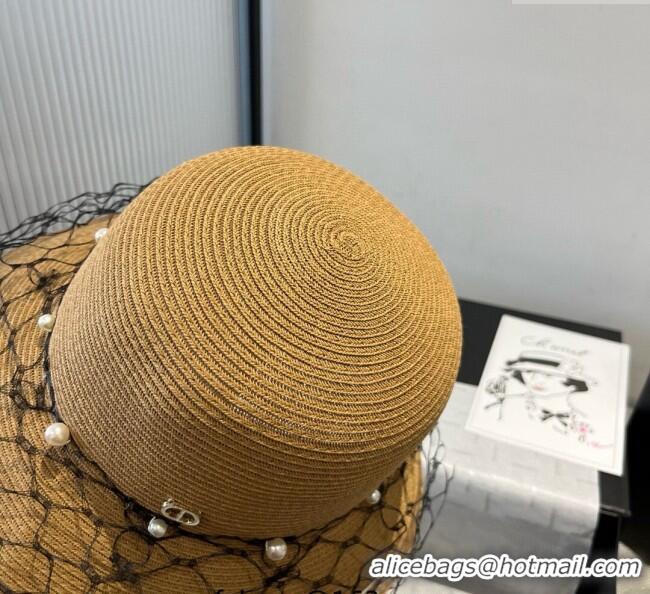Grade Quality Dior Straw Bucket Hat with Pearls Mesh 4081 Khaki 2025