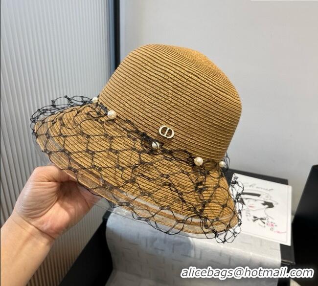 Grade Quality Dior Straw Bucket Hat with Pearls Mesh 4081 Khaki 2025