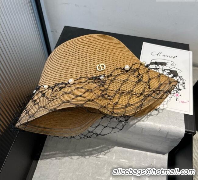 Grade Quality Dior Straw Bucket Hat with Pearls Mesh 4081 Khaki 2025