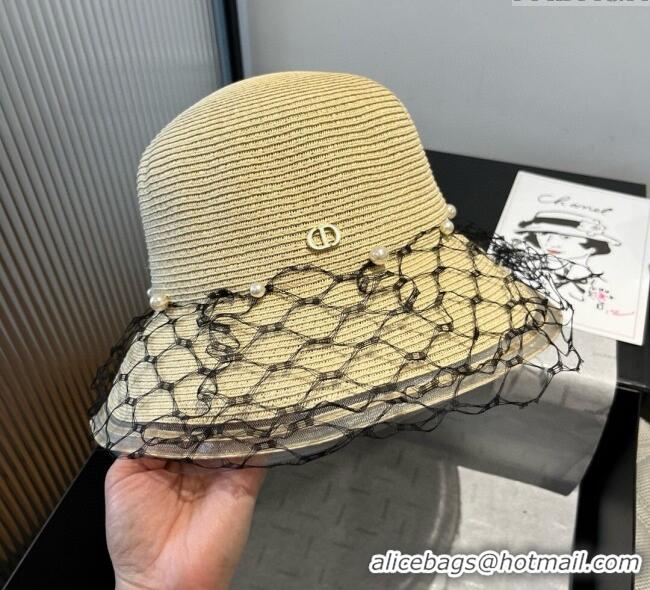 Best Price Dior Straw Bucket Hat with Pearls Mesh 4081 Beige 2025