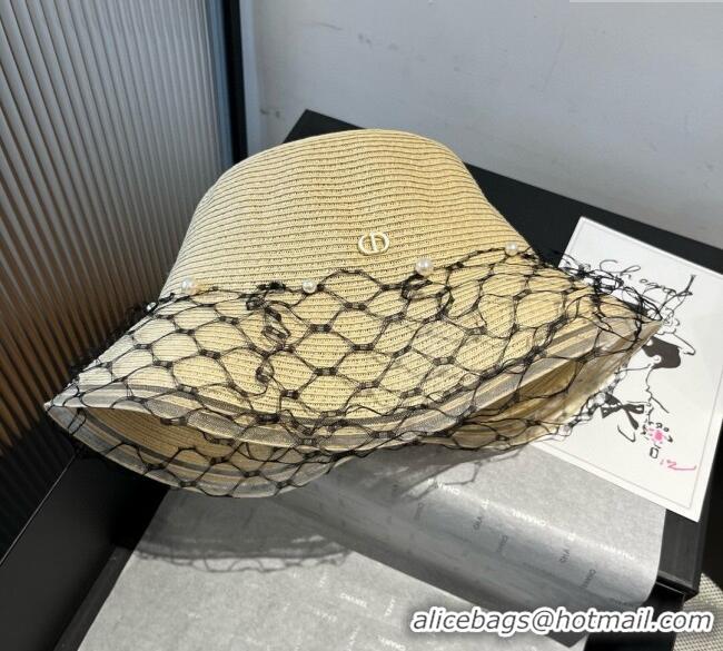 Best Price Dior Straw Bucket Hat with Pearls Mesh 4081 Beige 2025