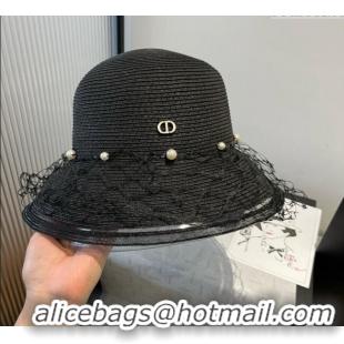 Spot Bulk Dior Straw Bucket Hat with Pearls Mesh 4081 Black 2025