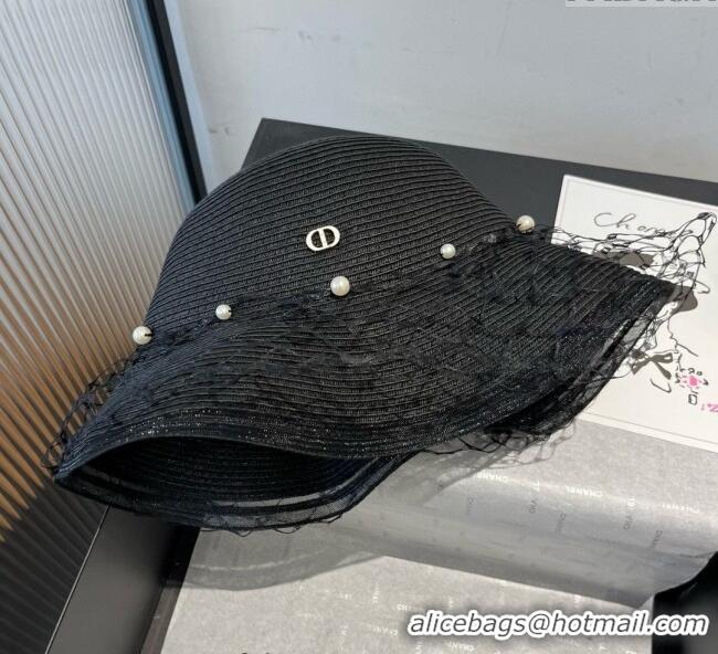 Spot Bulk Dior Straw Bucket Hat with Pearls Mesh 4081 Black 2025