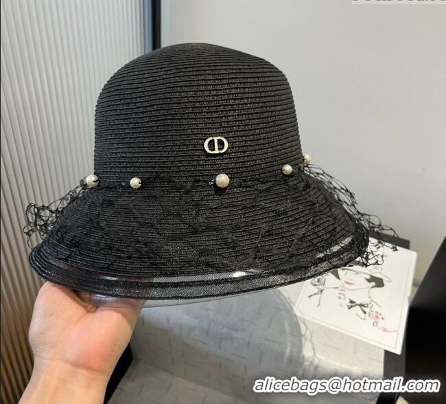 Spot Bulk Dior Straw Bucket Hat with Pearls Mesh 4081 Black 2025