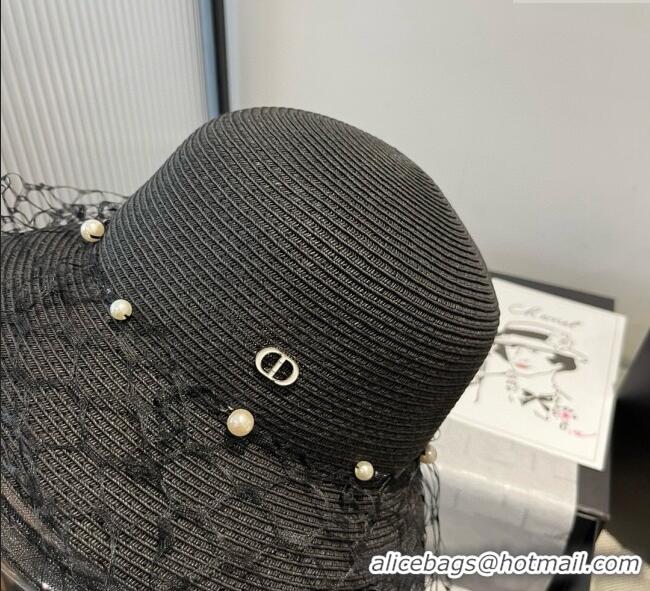 Spot Bulk Dior Straw Bucket Hat with Pearls Mesh 4081 Black 2025