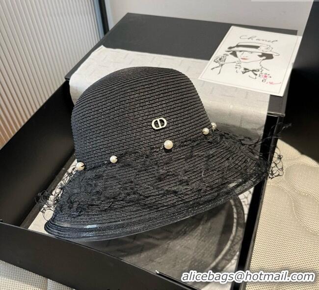 Spot Bulk Dior Straw Bucket Hat with Pearls Mesh 4081 Black 2025