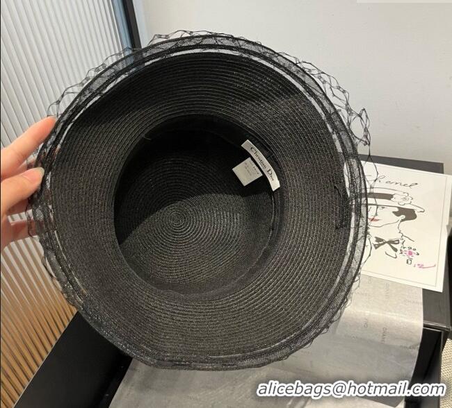 Spot Bulk Dior Straw Bucket Hat with Pearls Mesh 4081 Black 2025