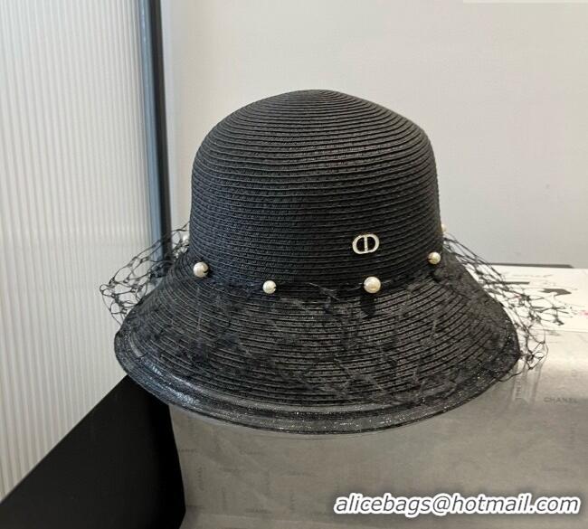 Spot Bulk Dior Straw Bucket Hat with Pearls Mesh 4081 Black 2025