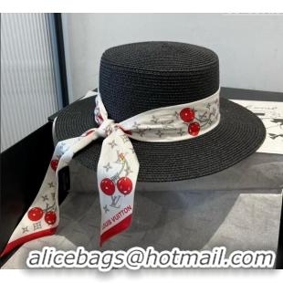 New Design Louis Vuitton Straw Wide Brim Hat with Cherry Band 0724 Black 2025