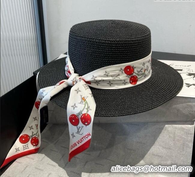 New Design Louis Vuitton Straw Wide Brim Hat with Cherry Band 0724 Black 2025