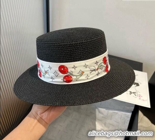 New Design Louis Vuitton Straw Wide Brim Hat with Cherry Band 0724 Black 2025