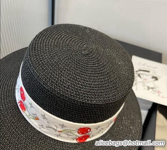 New Design Louis Vuitton Straw Wide Brim Hat with Cherry Band 0724 Black 2025