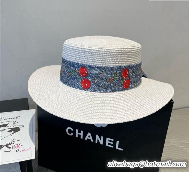 Discount Louis Vuitton Straw Wide Brim Hat with Cherry Band 0724 White/Blue 2025