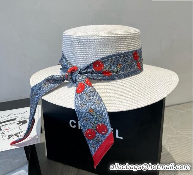 Discount Louis Vuitton Straw Wide Brim Hat with Cherry Band 0724 White/Blue 2025