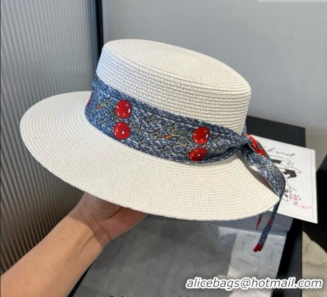 Discount Louis Vuitton Straw Wide Brim Hat with Cherry Band 0724 White/Blue 2025