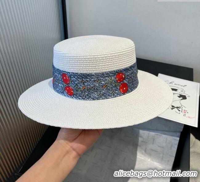 Discount Louis Vuitton Straw Wide Brim Hat with Cherry Band 0724 White/Blue 2025
