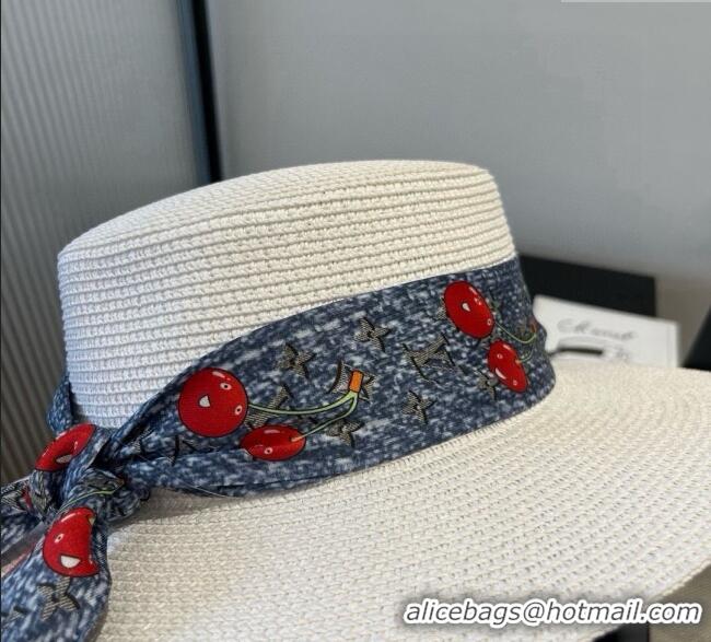Discount Louis Vuitton Straw Wide Brim Hat with Cherry Band 0724 White/Blue 2025