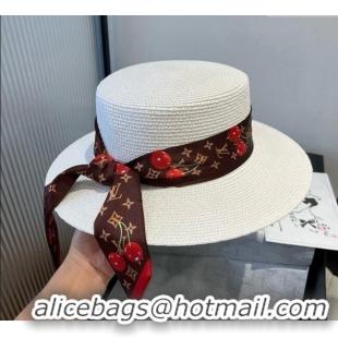 Spot Bulk Louis Vuitton Straw Wide Brim Hat with Cherry Band 0724 White/Brown 2025