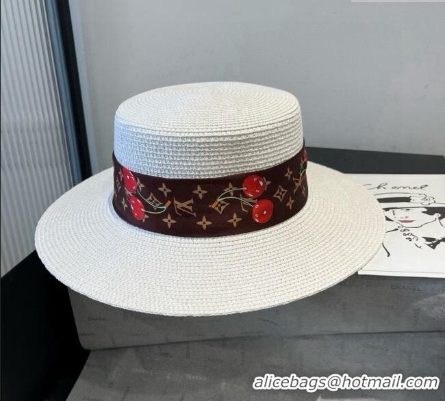 Spot Bulk Louis Vuitton Straw Wide Brim Hat with Cherry Band 0724 White/Brown 2025