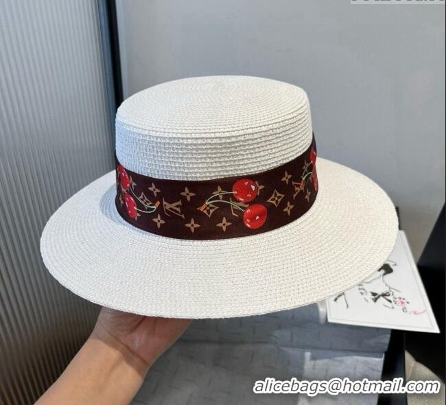 Spot Bulk Louis Vuitton Straw Wide Brim Hat with Cherry Band 0724 White/Brown 2025