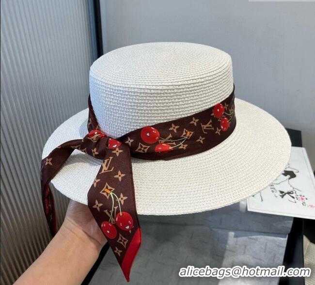Spot Bulk Louis Vuitton Straw Wide Brim Hat with Cherry Band 0724 White/Brown 2025