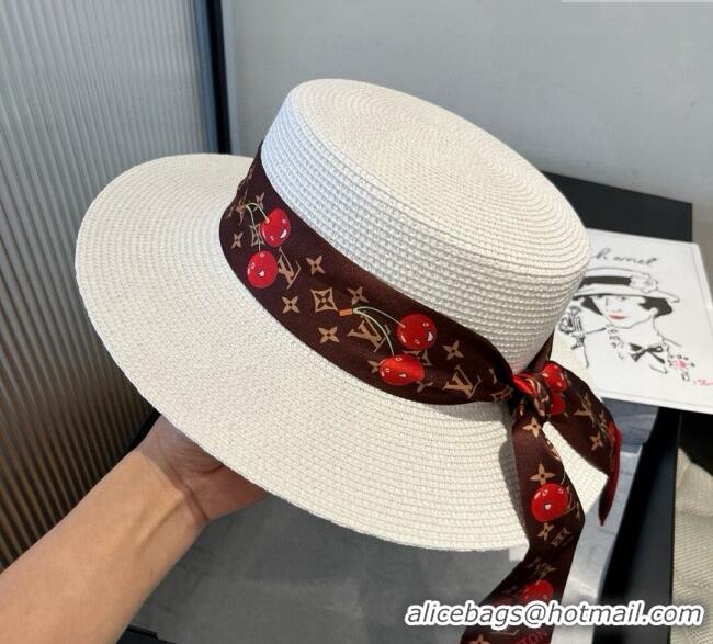 Spot Bulk Louis Vuitton Straw Wide Brim Hat with Cherry Band 0724 White/Brown 2025