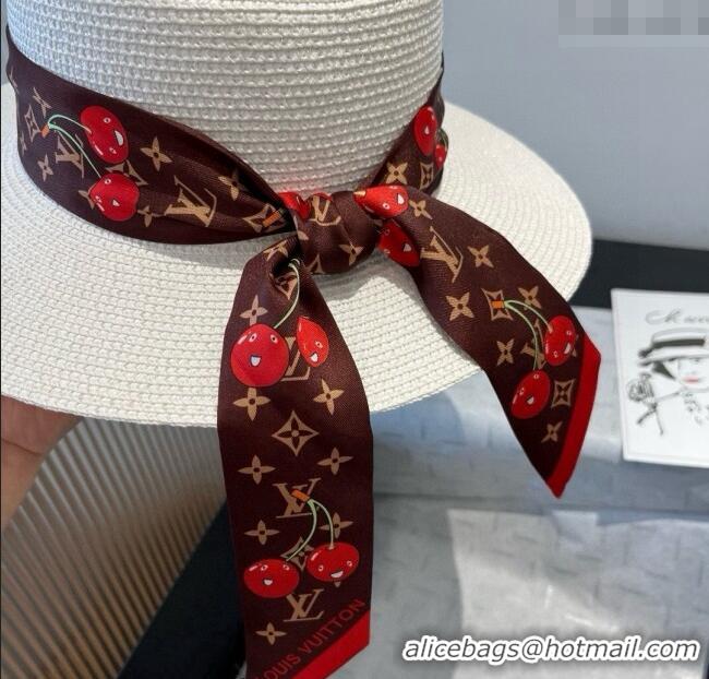 Spot Bulk Louis Vuitton Straw Wide Brim Hat with Cherry Band 0724 White/Brown 2025