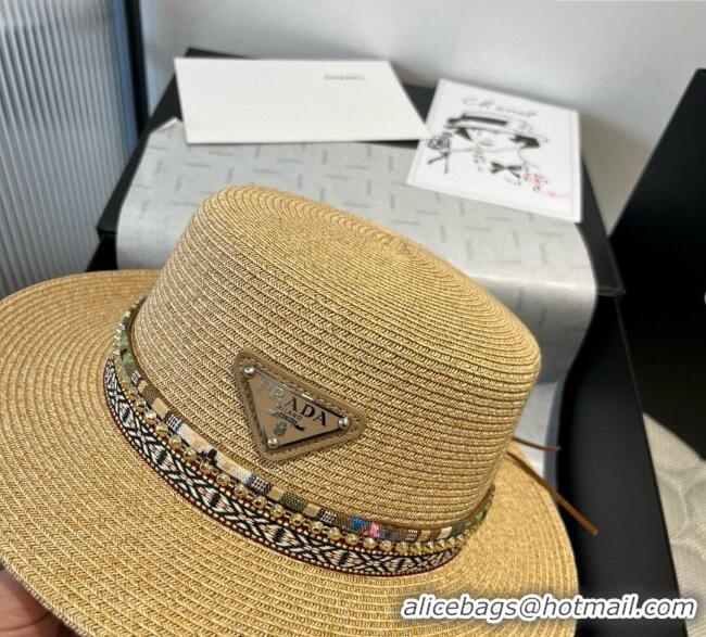 New Product Prada Straw Wide Brim Hat with Embroidered Band 0724 2025