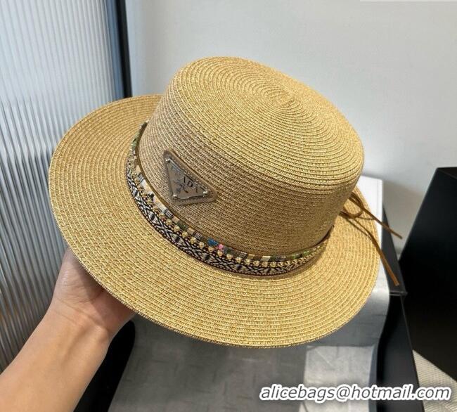New Product Prada Straw Wide Brim Hat with Embroidered Band 0724 2025