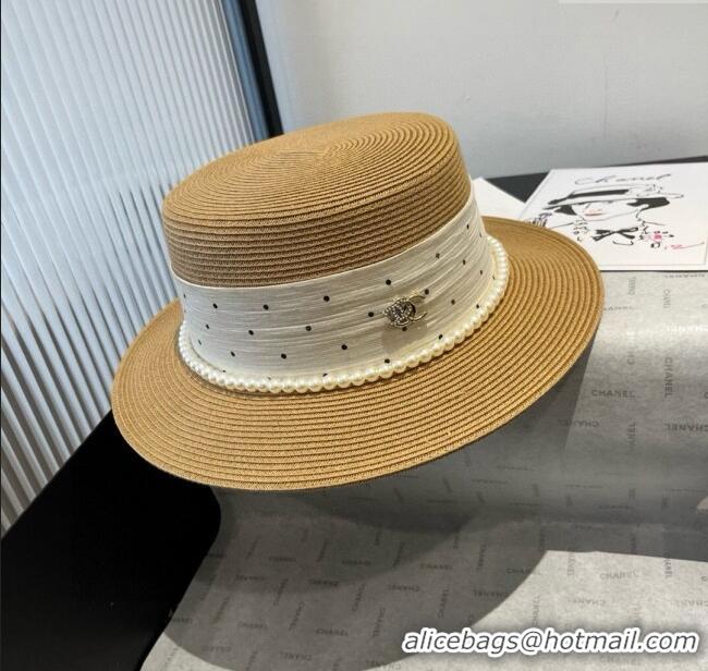 Spot Bulk Chanel Straw Wide Brim Hat with Dotted Band 0724 2025