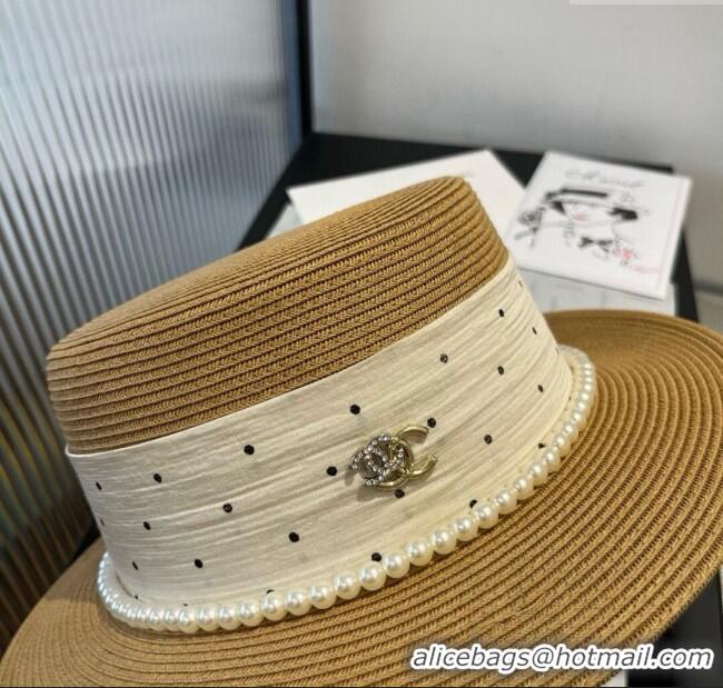 Spot Bulk Chanel Straw Wide Brim Hat with Dotted Band 0724 2025