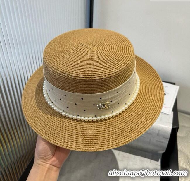 Spot Bulk Chanel Straw Wide Brim Hat with Dotted Band 0724 2025