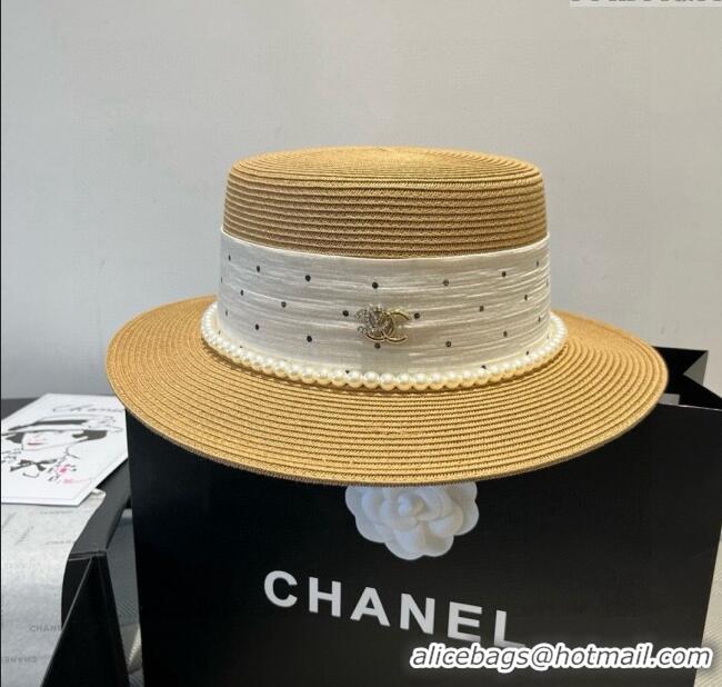 Spot Bulk Chanel Straw Wide Brim Hat with Dotted Band 0724 2025