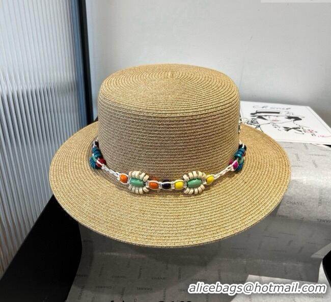 High Quality Chanel Straw Wide Brim Hat with Beads Band 0724 2025