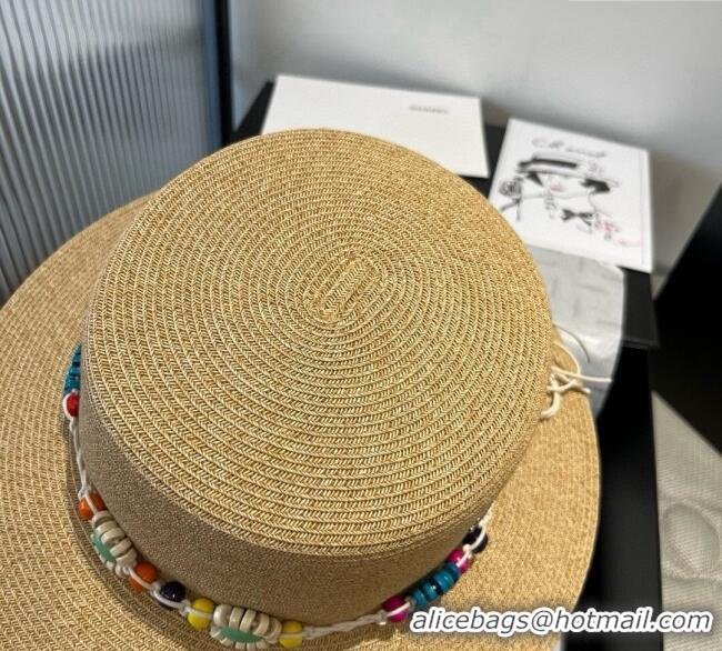 High Quality Chanel Straw Wide Brim Hat with Beads Band 0724 2025