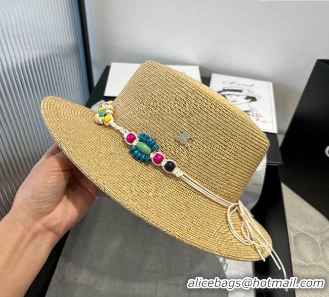High Quality Chanel Straw Wide Brim Hat with Beads Band 0724 2025