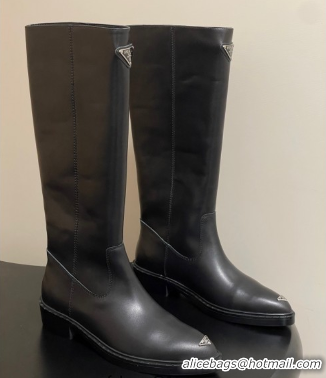 Stylish Prada Calf Leather High Boots Black 2025 PR082513