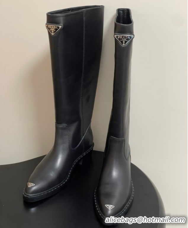 Stylish Prada Calf Leather High Boots Black 2025 PR082513