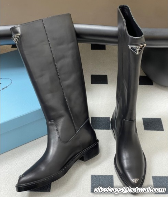 Stylish Prada Calf Leather High Boots Black 2025 PR082513