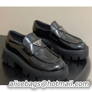 Good Quality Prada Brushed leather loafers 5cm Black 2025 1D185O