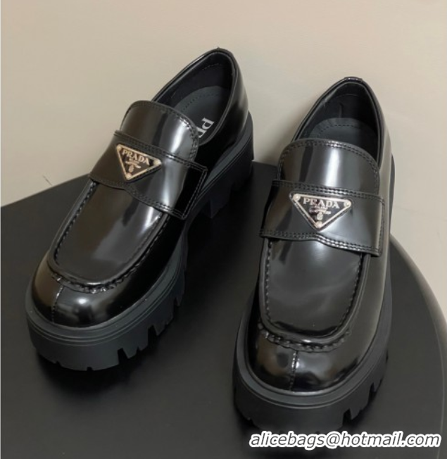 Good Quality Prada Brushed leather loafers 5cm Black 2025 1D185O