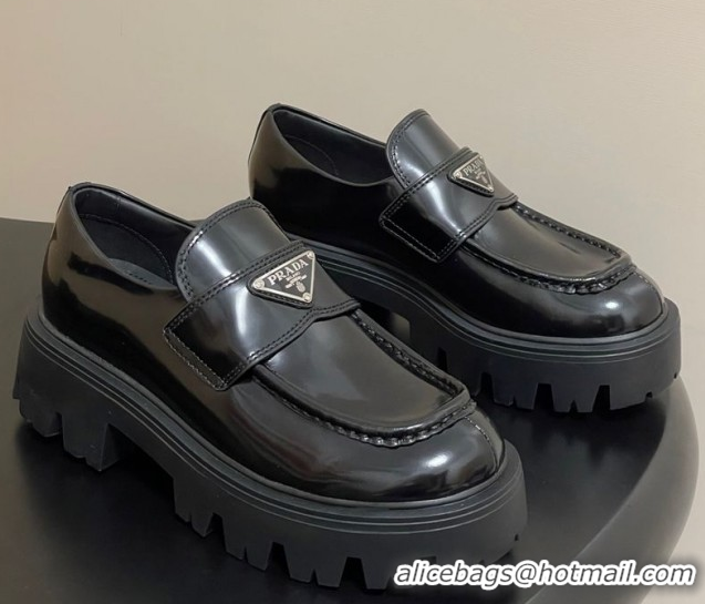 Good Quality Prada Brushed leather loafers 5cm Black 2025 1D185O