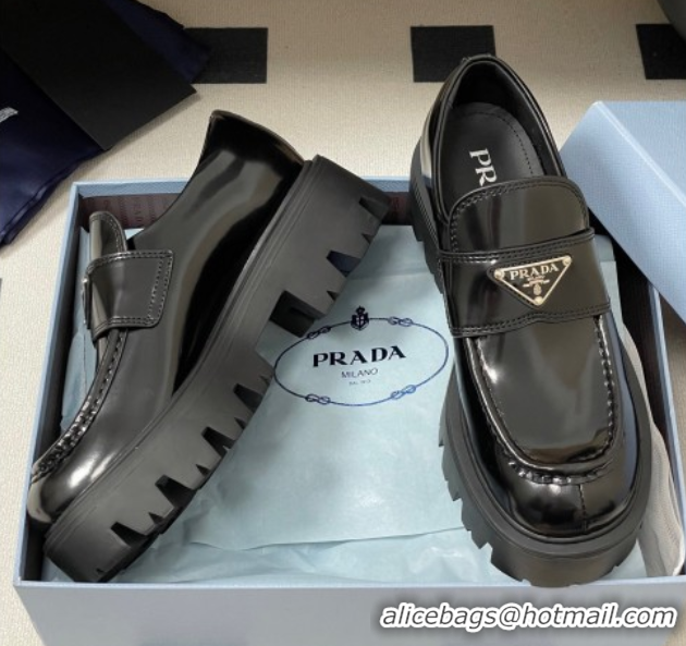 Good Quality Prada Brushed leather loafers 5cm Black 2025 1D185O