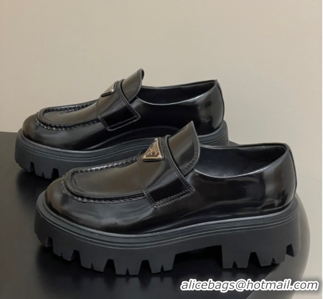 Good Quality Prada Brushed leather loafers 5cm Black 2025 1D185O