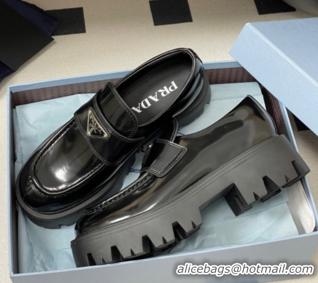 Good Quality Prada Brushed leather loafers 5cm Black 2025 1D185O