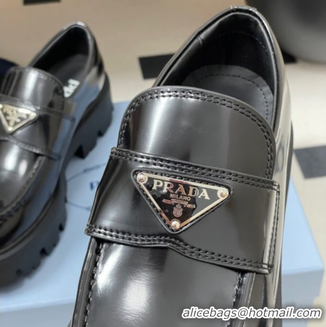 Good Quality Prada Brushed leather loafers 5cm Black 2025 1D185O