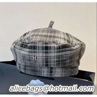 Best Price Hermes Plaid Beret Hat HS090908 Grey 2025
