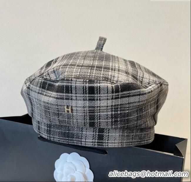 Best Price Hermes Plaid Beret Hat HS090908 Grey 2025