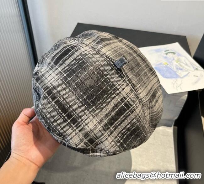 Best Price Hermes Plaid Beret Hat HS090908 Grey 2025